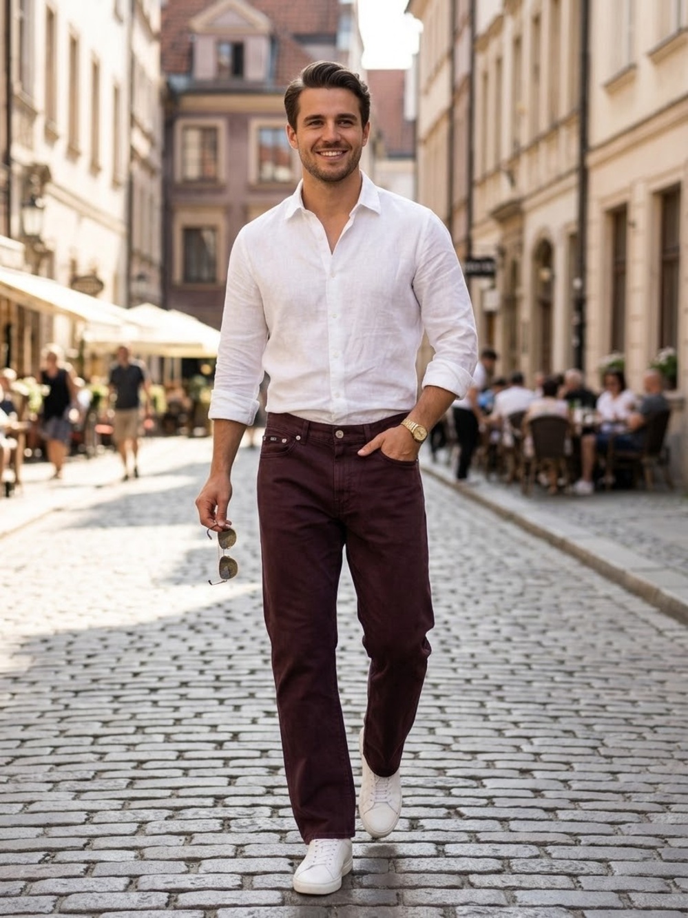 HUGO BOSS Mens Burgundy Plum Straight Leg Denim Pants Jeans W32 L30 Cotton Casua